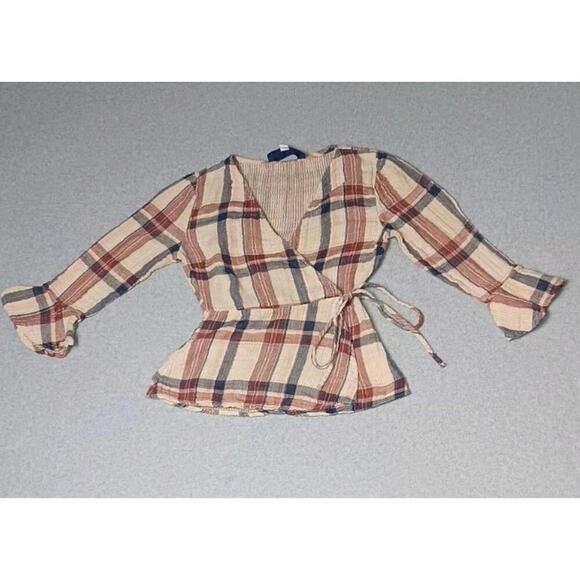 Blue Rain Tops - Blue Rain Anthropologie 3/4 Sleeve Wrap Shirt Womens Size XS Brown And Red Plaid